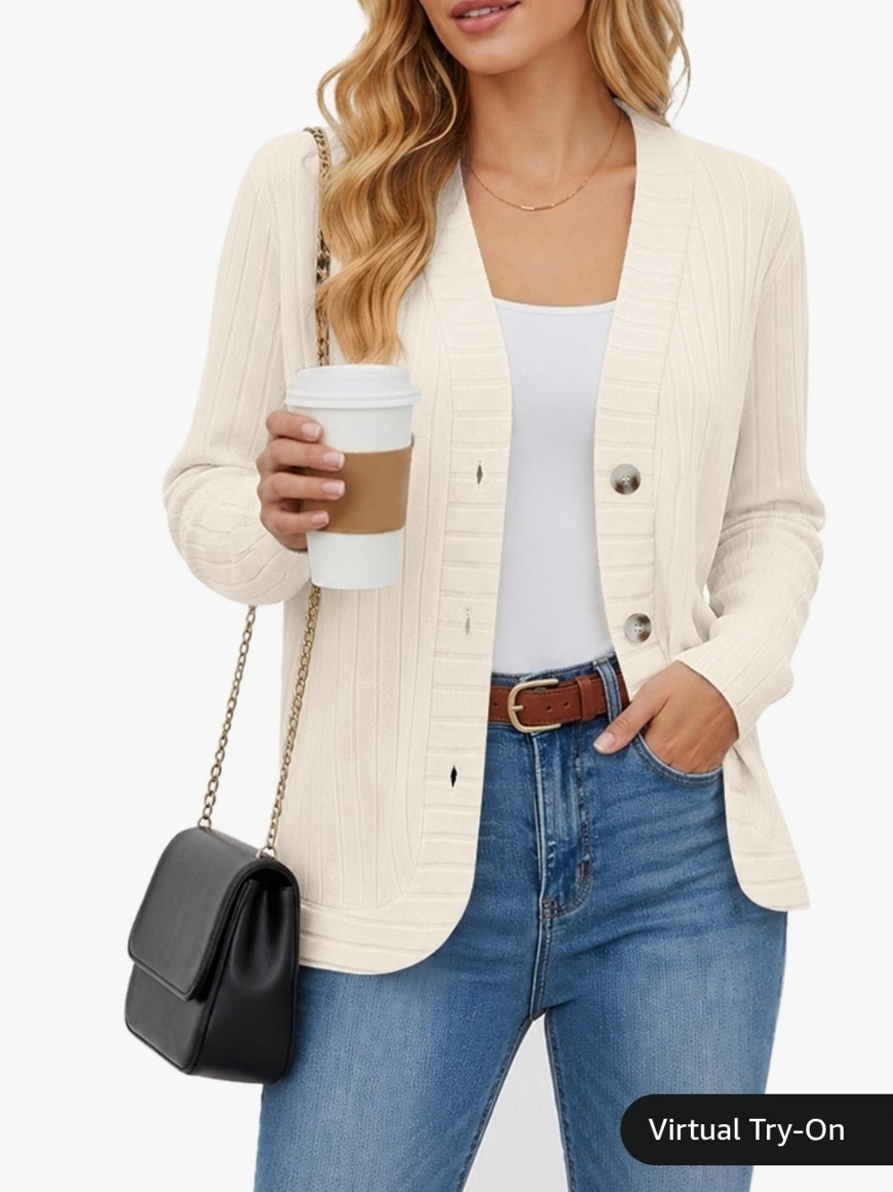 Cream Ivory Ribbed Button-Front Cardigan - Picture 2 of 2